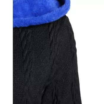 Faux Fur Hooded Buckle Cable Knit Coat - Black