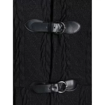 Faux Fur Hooded Buckle Cable Knit Coat - Black