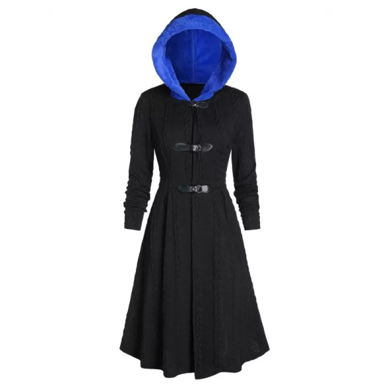 Faux Fur Hooded Buckle Cable Knit Coat - Black