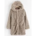 Faux Lamb Wool Hooded Coat with Pocket - Light Khaki