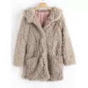 Faux Lamb Wool Hooded Coat with Pocket - Light Khaki
