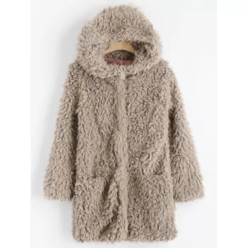 Faux Lamb Wool Hooded Coat with Pocket - Light Khaki