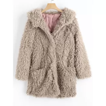 Faux Lamb Wool Hooded Coat with Pocket - Light Khaki