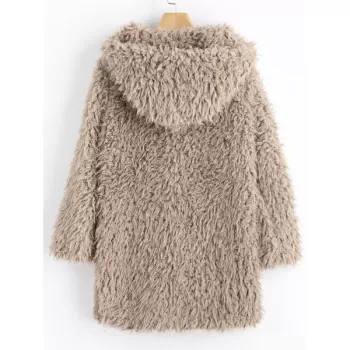 Faux Lamb Wool Hooded Coat with Pocket - Light Khaki