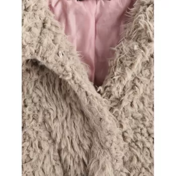 Faux Lamb Wool Hooded Coat with Pocket - Light Khaki