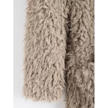 Faux Lamb Wool Hooded Coat with Pocket - Light Khaki