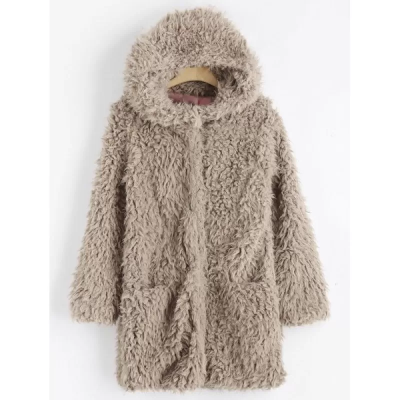 Faux Lamb Wool Hooded Coat with Pocket - Light Khaki
