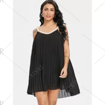 Faux Pearl ini Pleated Dress - Black