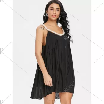 Faux Pearl ini Pleated Dress - Black