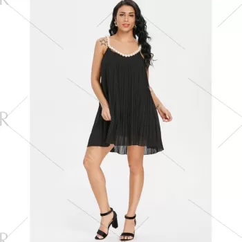 Faux Pearl ini Pleated Dress - Black