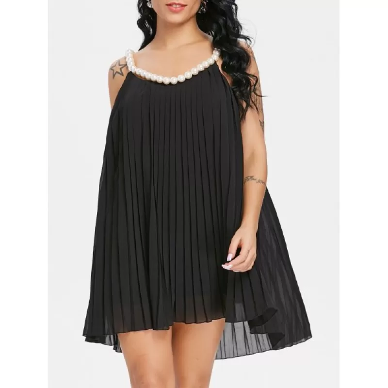 Faux Pearl ini Pleated Dress - Black