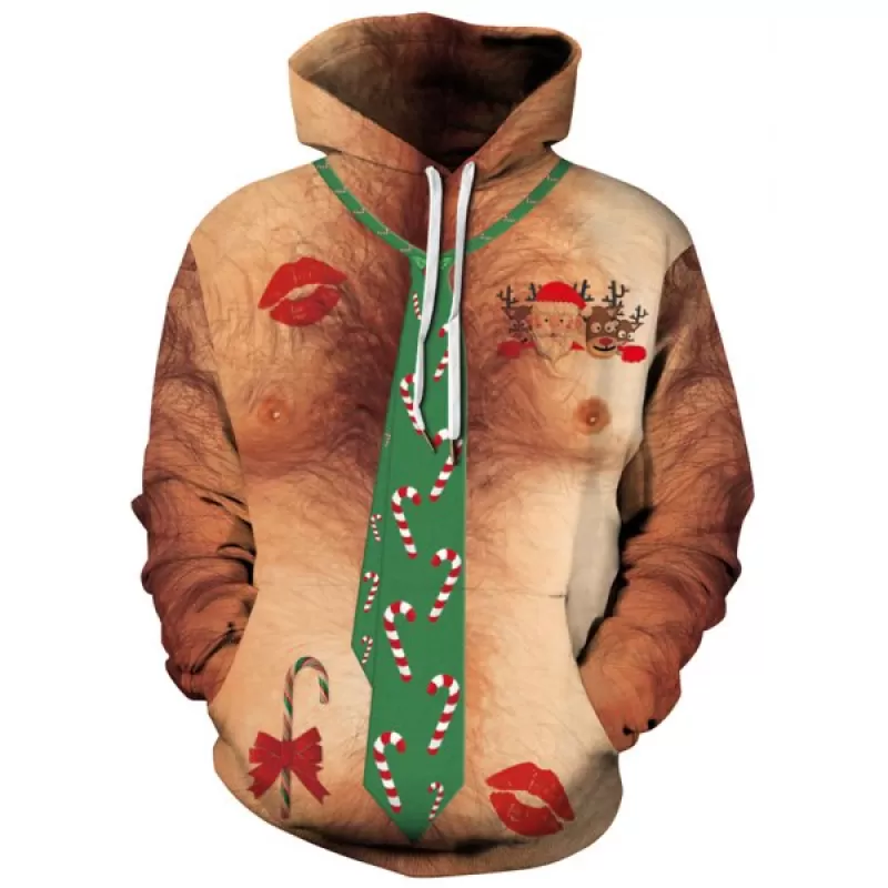 Faux Tie Candy Printed Christmas Hoodie -