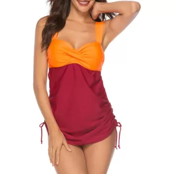 Faux Twist Contrast Padded Tankini Set - Red