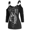 Feather Print Cold Shoulder Long Sleeve T Shirt - Black