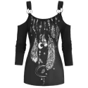 Feather Print Cold Shoulder Long Sleeve T Shirt - Black
