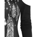 Feather Print Cold Shoulder Long Sleeve T Shirt - Black
