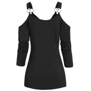 Feather Print Cold Shoulder Long Sleeve T Shirt - Black