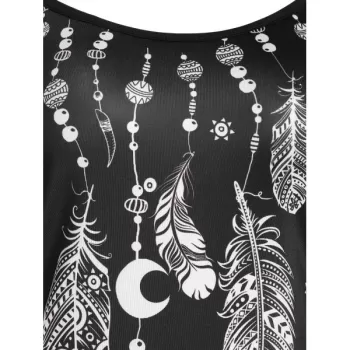 Feather Print Cold Shoulder Long Sleeve T Shirt - Black