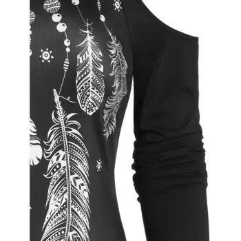 Feather Print Cold Shoulder Long Sleeve T Shirt - Black