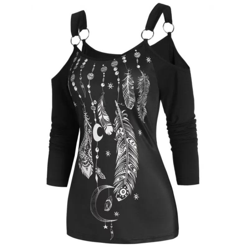 Feather Print Cold Shoulder Long Sleeve T Shirt - Black