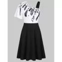 Feather Print One Shoulder A Line Dress - Black