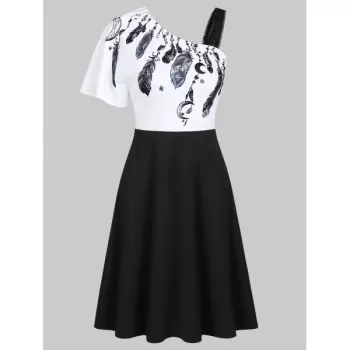 Feather Print One Shoulder A Line Dress - Black
