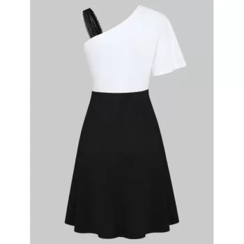 Feather Print One Shoulder A Line Dress - Black