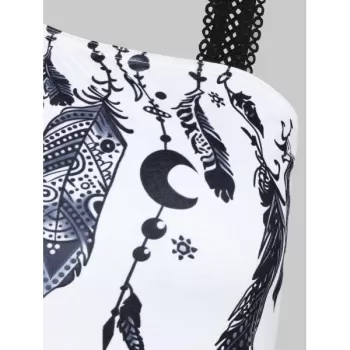 Feather Print One Shoulder A Line Dress - Black