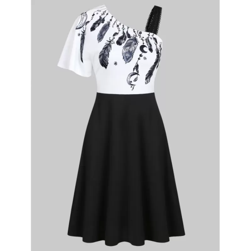Feather Print One Shoulder A Line Dress - Black