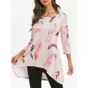 Feather Print Round Neck High Low Tee - Pink