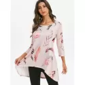 Feather Print Round Neck High Low Tee - Pink