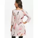 Feather Print Round Neck High Low Tee - Pink