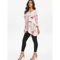 Feather Print Round Neck High Low Tee - Pink