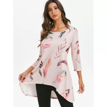 Feather Print Round Neck High Low Tee - Pink