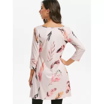 Feather Print Round Neck High Low Tee - Pink