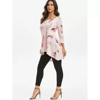 Feather Print Round Neck High Low Tee - Pink