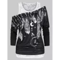 Feather Print Ruched T Shirt with Solid Tank Top - Black