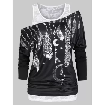 Feather Print Ruched T Shirt with Solid Tank Top - Black