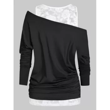 Feather Print Ruched T Shirt with Solid Tank Top - Black