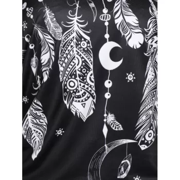 Feather Print Ruched T Shirt with Solid Tank Top - Black