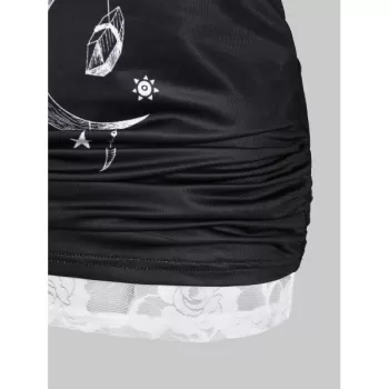 Feather Print Ruched T Shirt with Solid Tank Top - Black