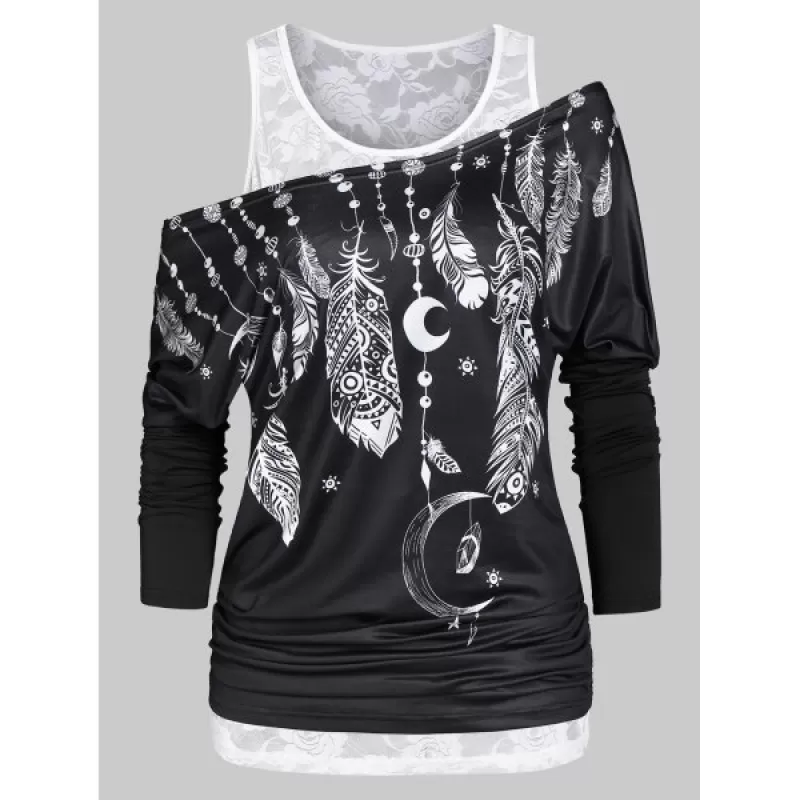 Feather Print Ruched T Shirt with Solid Tank Top - Black