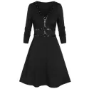 Fit And Flare Long Sleeve Plunge Gothic Dress - Black