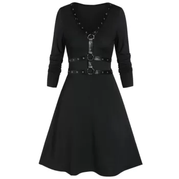 Fit And Flare Long Sleeve Plunge Gothic Dress - Black