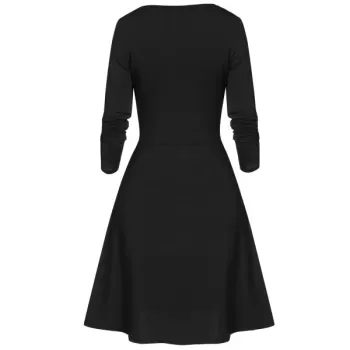Fit And Flare Long Sleeve Plunge Gothic Dress - Black
