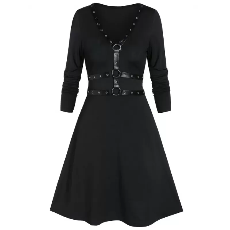 Fit And Flare Long Sleeve Plunge Gothic Dress - Black