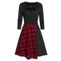 Fit And Flare Plaid Panel Cut Out Dress - Black