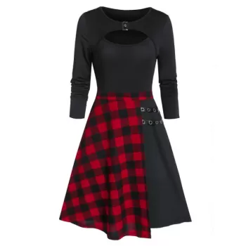 Fit And Flare Plaid Panel Cut Out Dress - Black