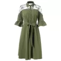 Flare Sleeve Lace Panel Belted Dress - Fern Green