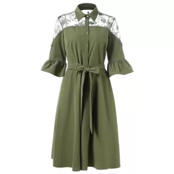 Flare Sleeve Lace Panel Belted Dress - Fern Green